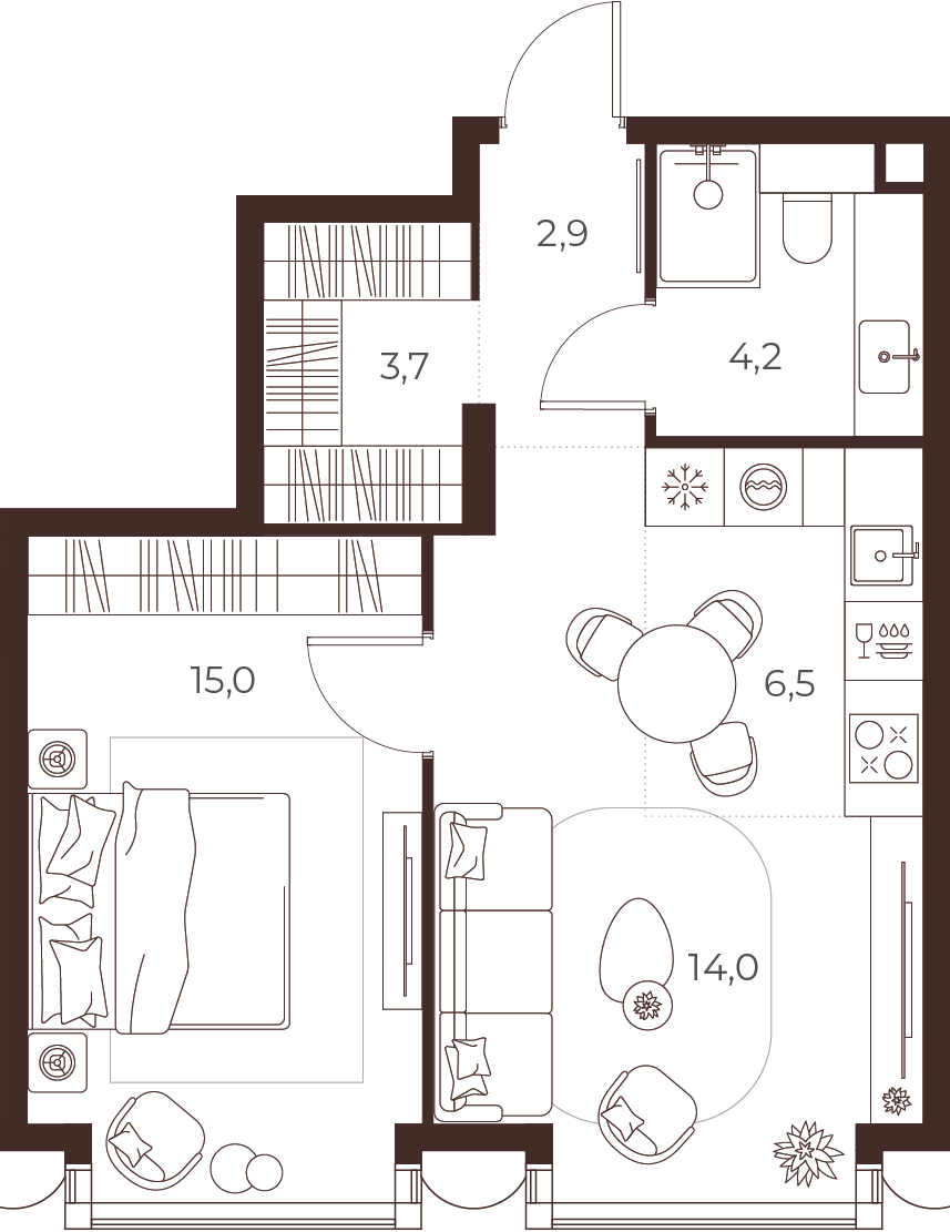 Планировка: 1-комнатная, 46,3 м²