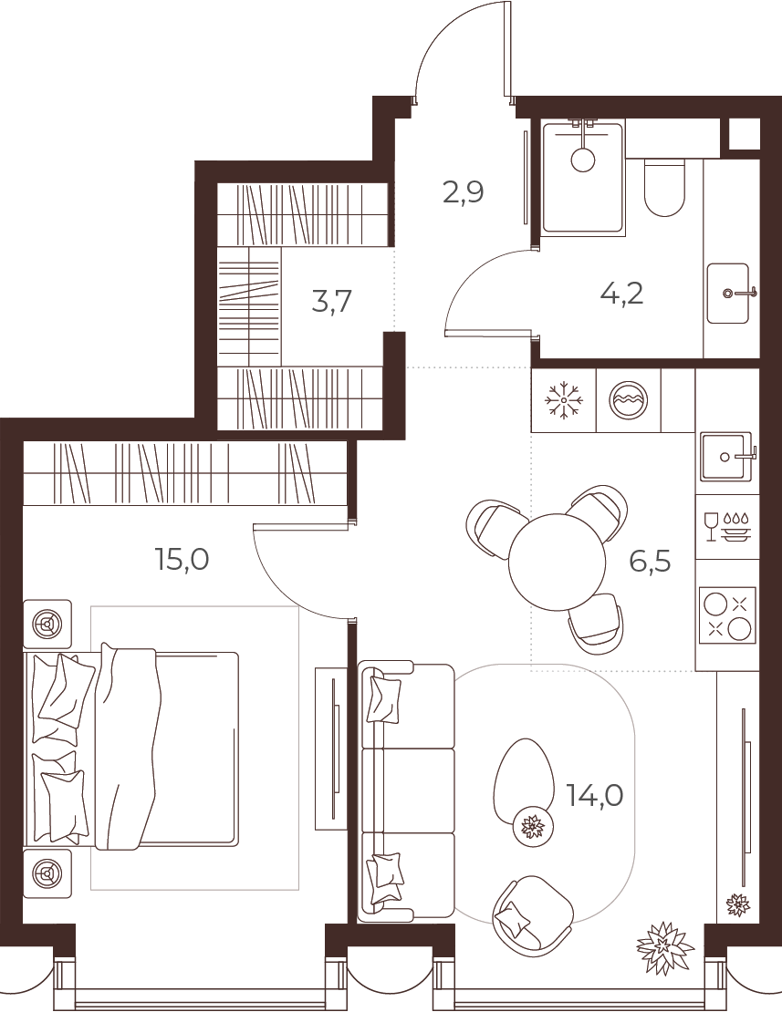 Планировка: 1-комнатная, 46,3 м²