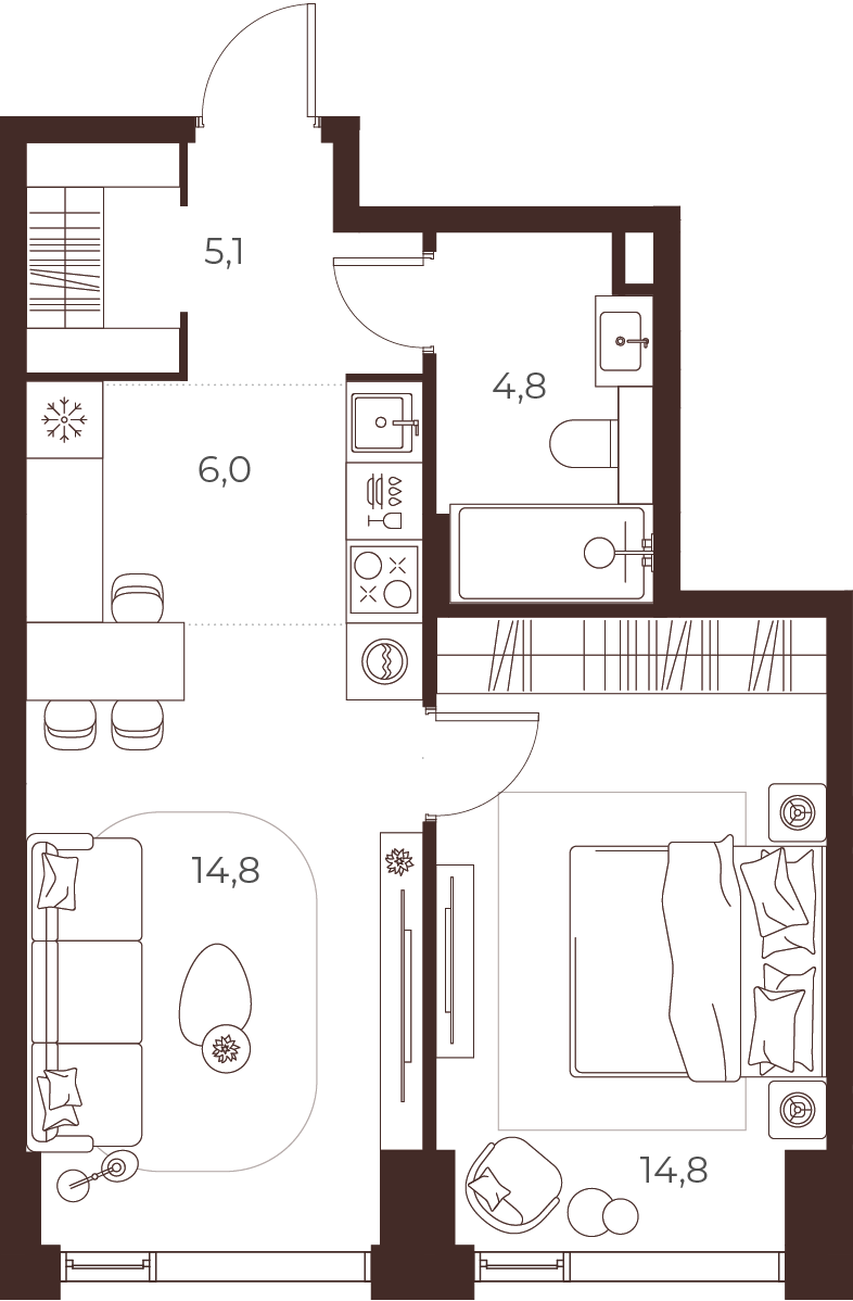Планировка: 1-комнатная, 45,5 м²