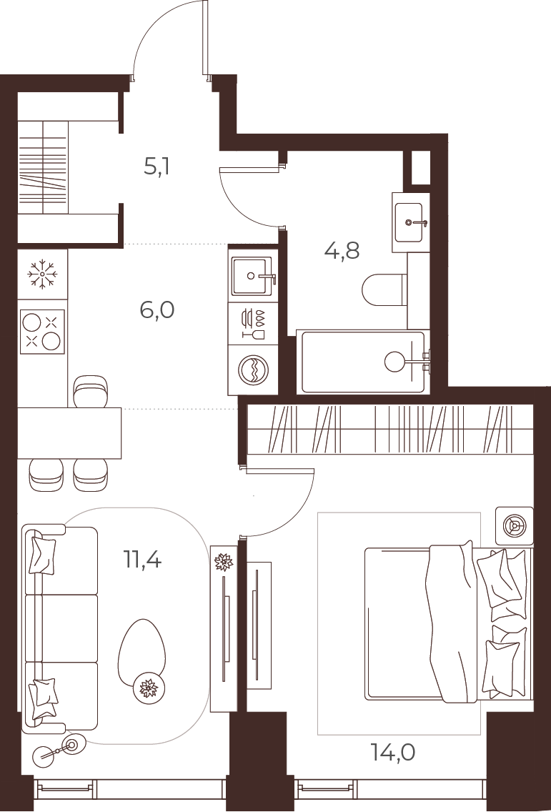 Планировка: 1-комнатная, 41,3 м²