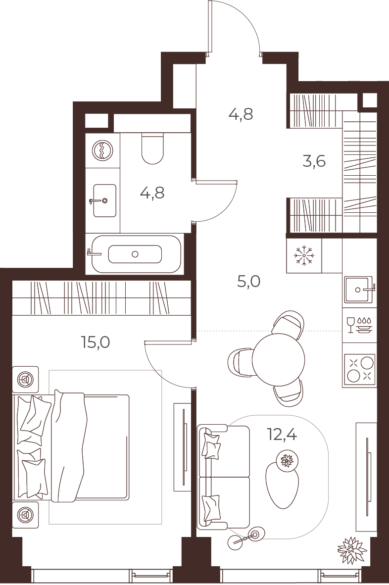 Планировка: 1-комнатная, 45,6 м²