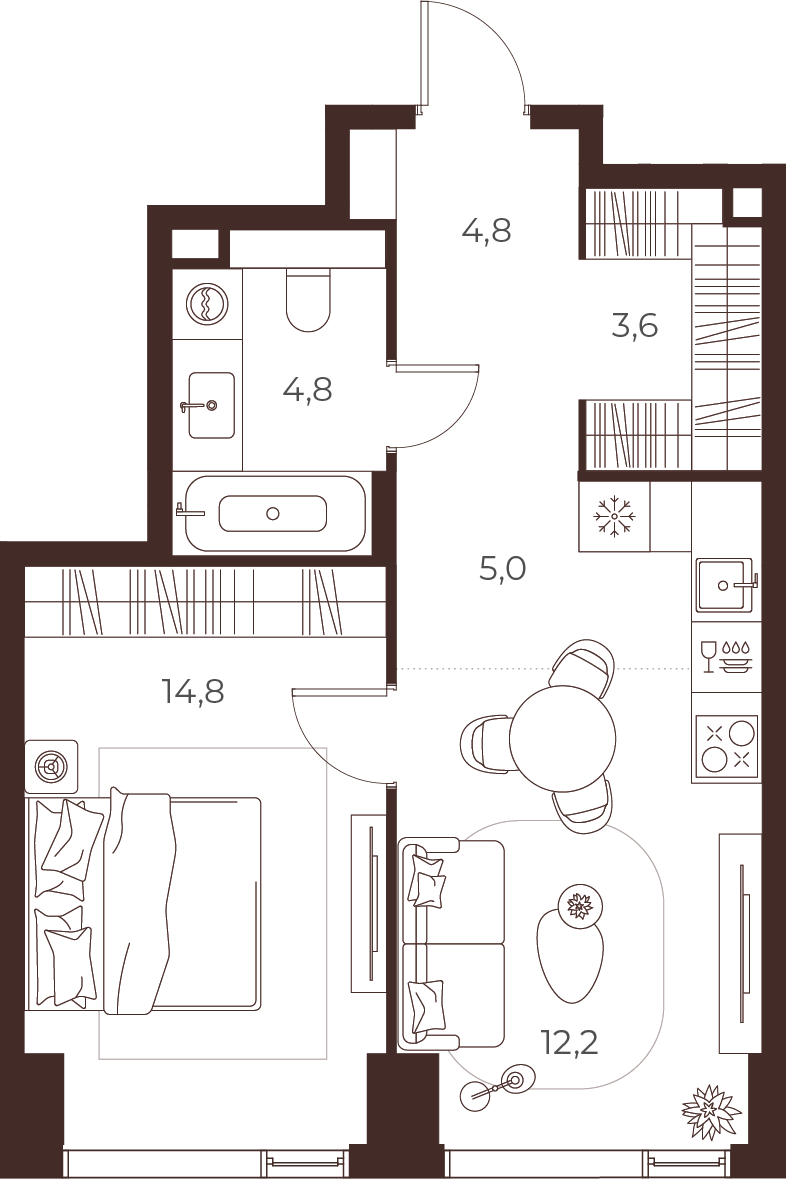 Планировка: 1-комнатная, 45,2 м²