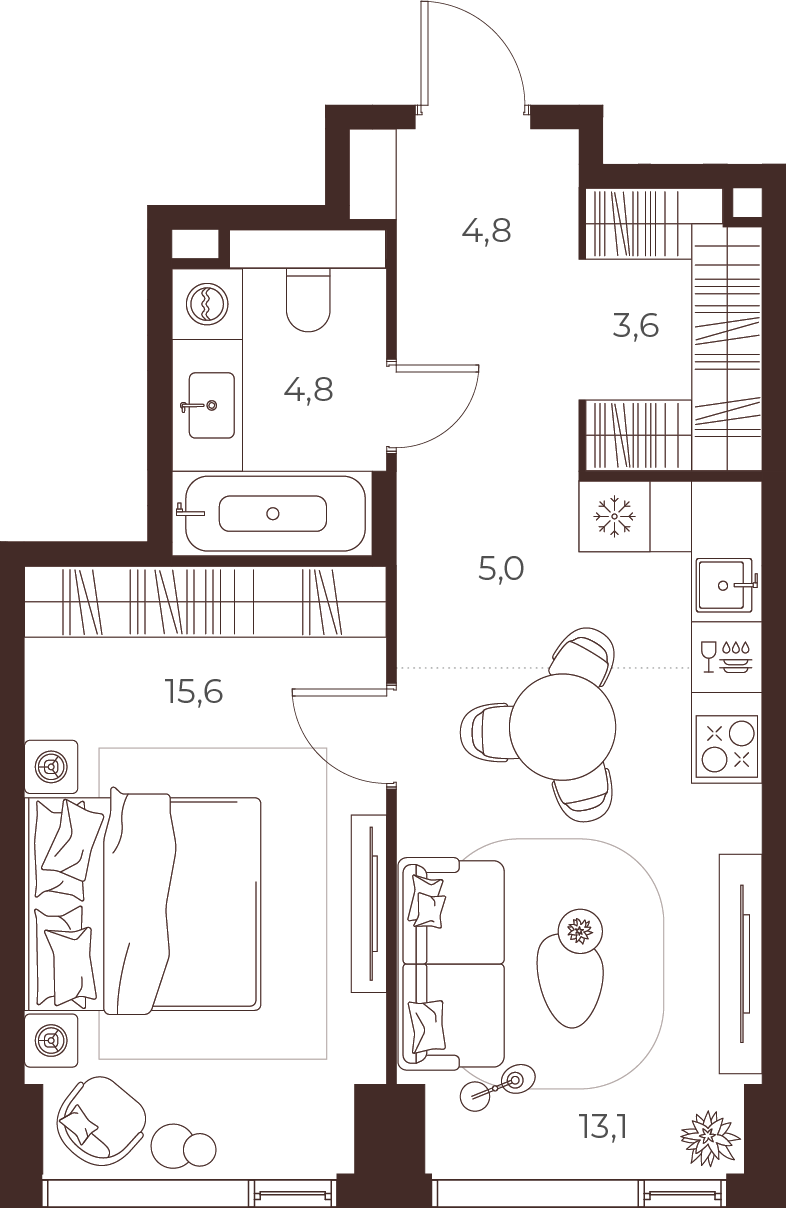 Планировка: 1-комнатная, 46,9 м²
